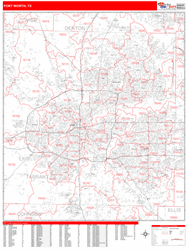 Fort Worth Wall Map Zip Code Red Line Style 2024